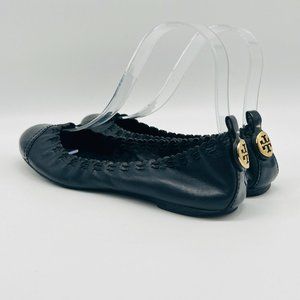 Tory Burch Abbey Flats Womens 7 Black Leather Logo Emblem Ballet Slip On Shoes